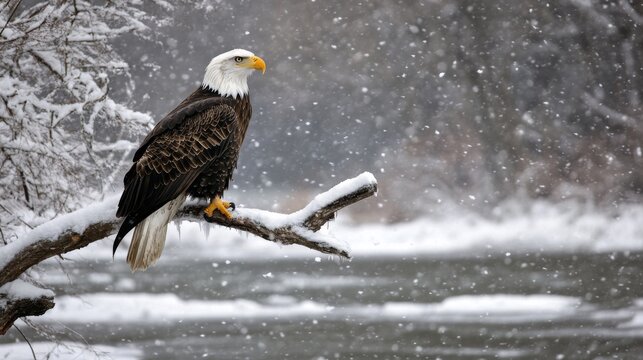 Bald Eagle Perched on a Branch in a Snowstorm