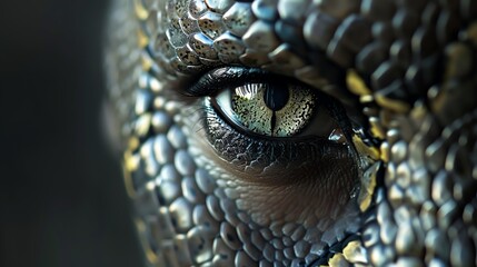 Fototapeta premium Woman with snakelike skin pattern, intense gaze, dark background