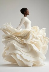  A woman in a white dress stands, gazing off to the side, hands on hips