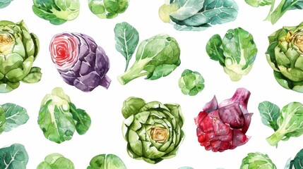 Collection of watercolor root vegetables and greens on white background
