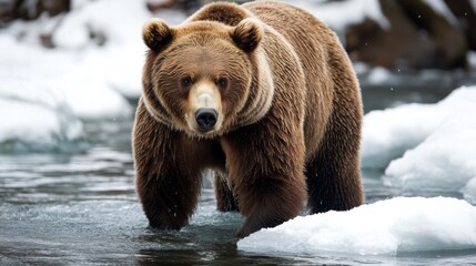 Obraz premium A Grizzly Bear Wading Through a Snowy River