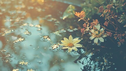  A tight shot of water droplets on a water surface, flowers in background