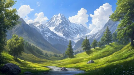 A stream runs through the foreground Trees line the distant mountain edge