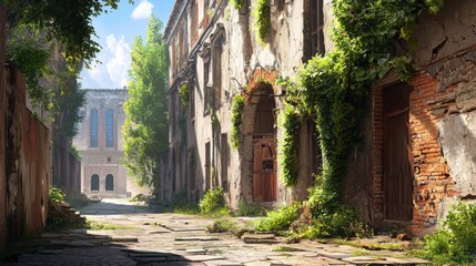 Fototapeta premium A painting of a cobblestoned street, ivy-covered buildings, and a clock tower in the backdrop