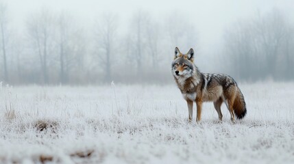 Obraz premium A Coyote Standing in a Snowy Field with a Foggy Background