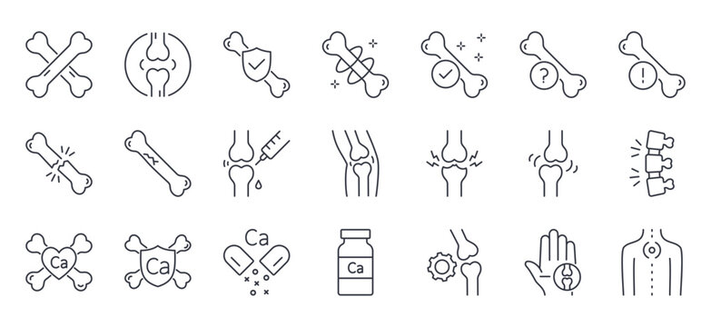 Vector icons bones. Human joints, knees, hands, pain in limbs. Prevention of osteoporosis, taking calcium and vitamins. Treatment and examination osteopathy. Editable stroke thin line set symbols.