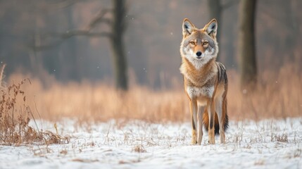 Fototapeta premium A Lone Coyote Standing in a Snowy Forest Clearing