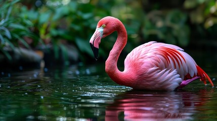 Fototapeta premium A pink flamingo wades in a body of water, bending its head to drink, mirrored in the tranquil surface