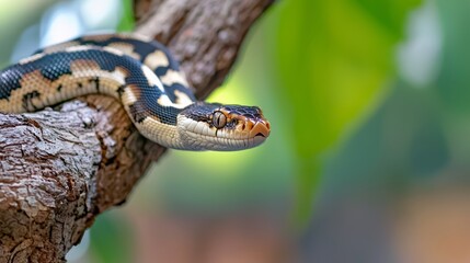 Fototapeta premium A tight shot of a snake coiled on a tree branch, surrounded by a hazy backdrop of leafy branches