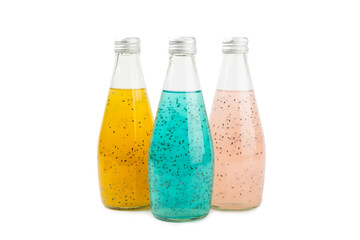 Diet detox cocktail with basil and chia seeds in a glass jar isolated on white background. Drink...