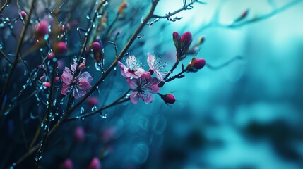  A tight shot of a tree adorned with pink blooms and droplets on its branches against a softly blurred backdrop