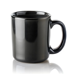 A black ceramic coffee mug, isolated on a white background with copyspace