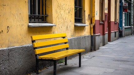  A yellow bench sits beside a yellow building with windows and bars on its sides