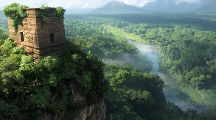  A towering structure nestled beside a verdant forest, teeming with luxuriant green trees, and featuring a meandering river at its heart