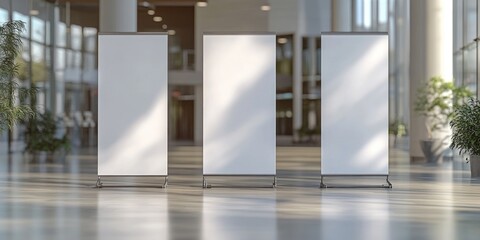 Three White Vertical Banners in a Lobby