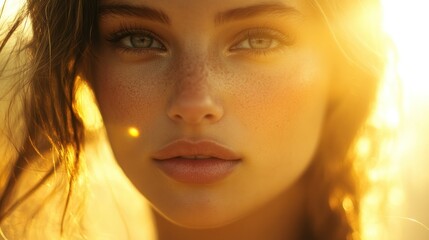 Close-up Portrait of a Woman with Freckles in Golden Light