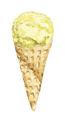Yellow ball ice cream in waffle cone isolated on white background. Watercolor hand drawn illustration