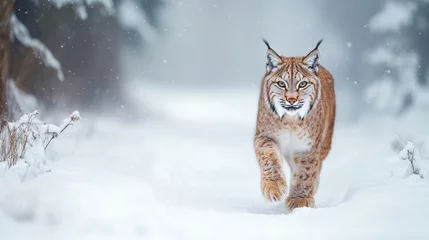 Papier peint photo  Eurasian Lynx Walking Through Snowy Forest  © IMAGINIAC