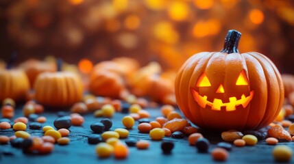 Lots of Halloween decorations featuring pumpkins. and candy on a dark background to celebrate the festival