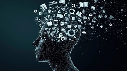 Fototapeta premium A head with an open top, from which gears, books, and digital icons are flying out and expanding into a cosmic pattern, continuous learning and upskilling