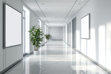 Fototapeta premium Contemporary Office Corridor with Modern Decor and Illuminated Posters