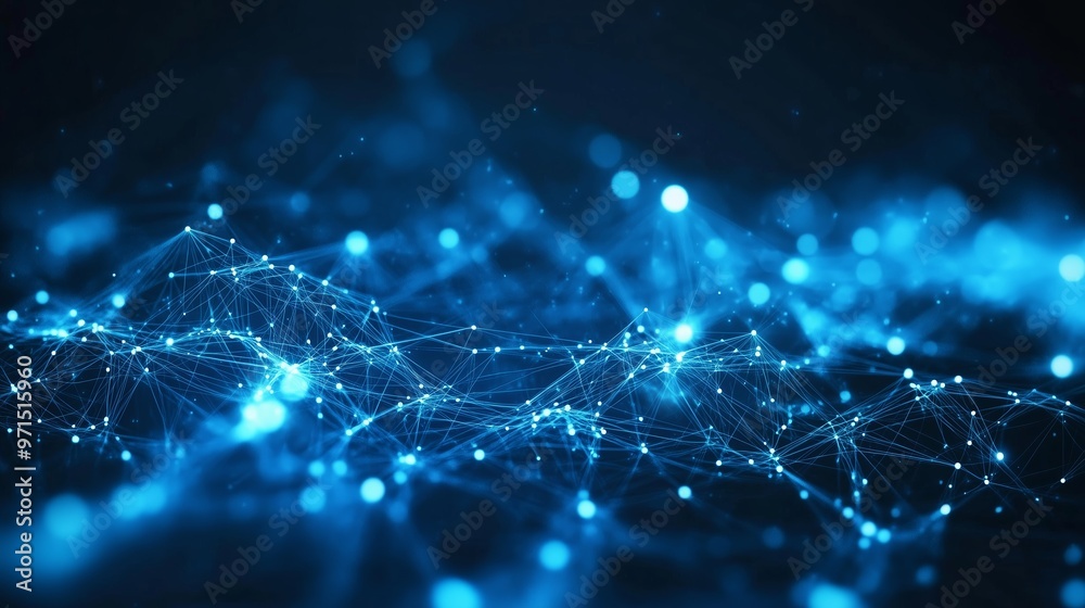 Poster abstract representation of interconnected nodes and lines in a deep blue digital landscape illustrat