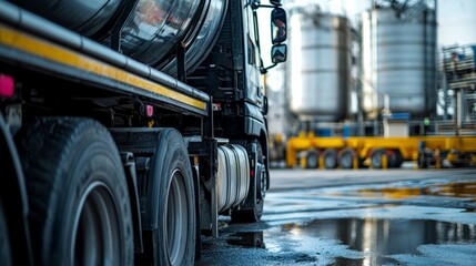 Fototapeta na wymiar Tanker Truck to transport fuel in industrial petroleum plant. Closeup of fuel truck at oil depot Concept Transportation Fuel Industry Oil Depot Operations Refueling Process Closeup