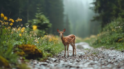  A small deer stands on a dirt road, flanked by wildflowers in a forest
