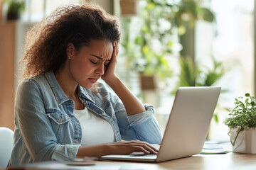 Young woman holding her head with her hand while working on her laptop at home, suffering from a headache