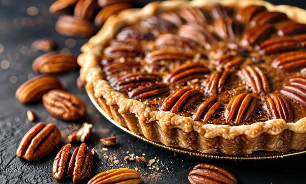 Close-up of pecan pie with crust and whole pecans on textured surface