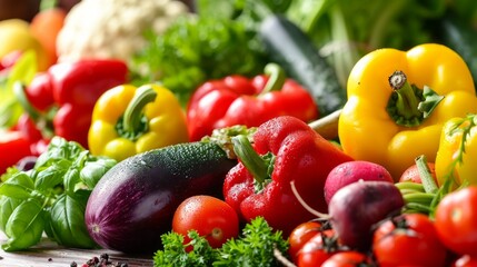 Fresh colorful vegetables on a market stall with peppers, tomatoes, cucumbers, onions, and more