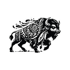 Bison in bohemian black and white silhouette illustration