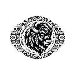 Fototapeta premium Bison in bohemian black and white silhouette illustration