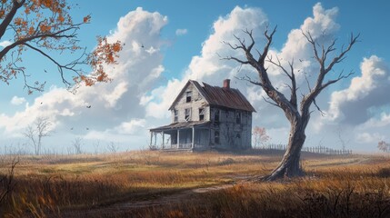  A painting of a house in a field, centered by it; a tree in the foreground, and clouds in the background