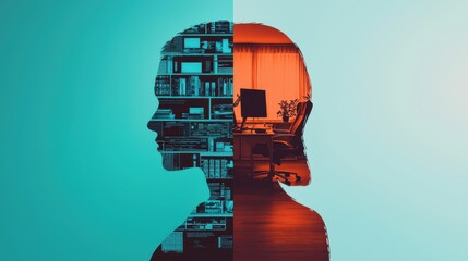 A human silhouette divided into digital pixels, with one half at home and the other in a corporate office, the blending of remote work and traditional office work