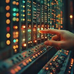 A focused hand operates an intricate control panel in a dimly lit environment at night