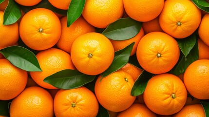  A large gathering of oranges, each topped and tailed by green leaves, at picture's bottom