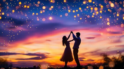 Silhouette of a Couple Dancing at Sunset with Golden Lights