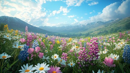 Obraz premium Beautiful alpine meadow bursting with colorful wildflowers under a bright blue sky, framed by majestic mountains and fluffy clouds.