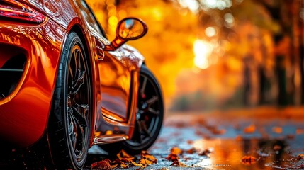  A red sports car, up close, parked beside an autumnal road Leaves scatter the ground