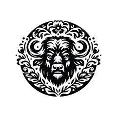 Buffalo in folk art black and white silhouette illustration