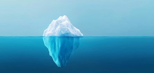 Digital representation of an iceberg, where the visible tip is natural and the submerged part is a polygonal network, technology beneath the surface, symbol of unseen complexity