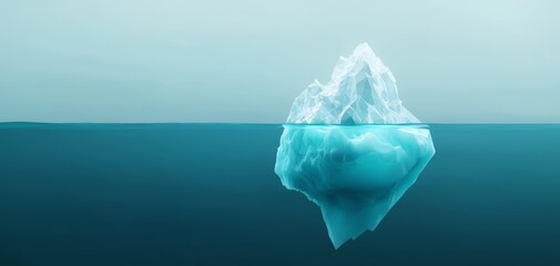 Digital representation of an iceberg, where the visible tip is natural and the submerged part is a polygonal network, technology beneath the surface, symbol of unseen complexity