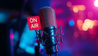 Dynamic radio studio microphone with red "ON AIR" sign, moody lighting, broadcasting and podcast recording concept, soundproof setup