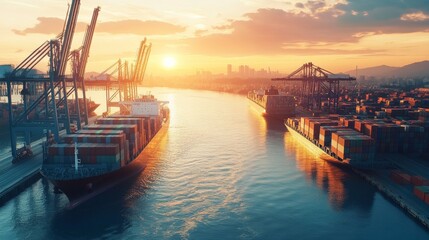 Fototapeta premium Aerial View of Cargo Ships at Sunset, Golden Hour, Harbor, Container, Shipping, Trade, Logistics
