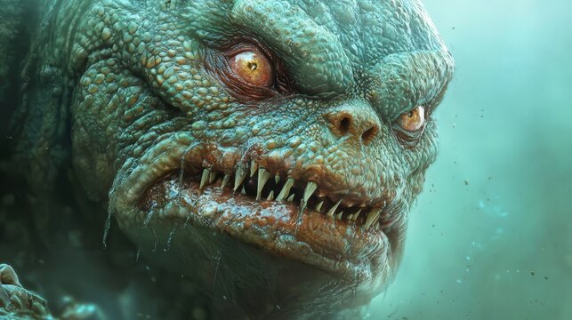  A tight shot of a dinosaur's face, covered in copious amounts of water, with droplets gathered in its mouth