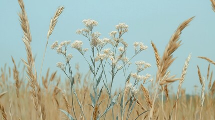  A tight shot of numerous blooms in a field's heart against a backdrop of azure sky