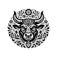 Obraz premium Bull in folk art black and white silhouette illustration