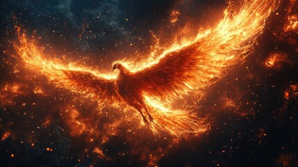 A fiery phoenix with outstretched wings against a dark background with glowing embers and smoke.