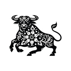 Obraz premium Bull in folk art black and white silhouette illustration